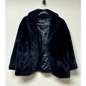 ANDANTE' Vintage Black Faux Sheared Beaver Mob Wife Shawl Collar Jacket, Sz M